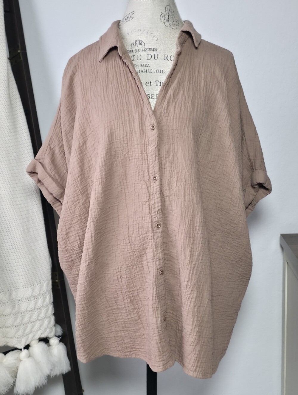 Pact Organic Coastal Double Gauze Oversized Shirt, XL, Driftwood Brown, Cotton - Picture 5 of 11